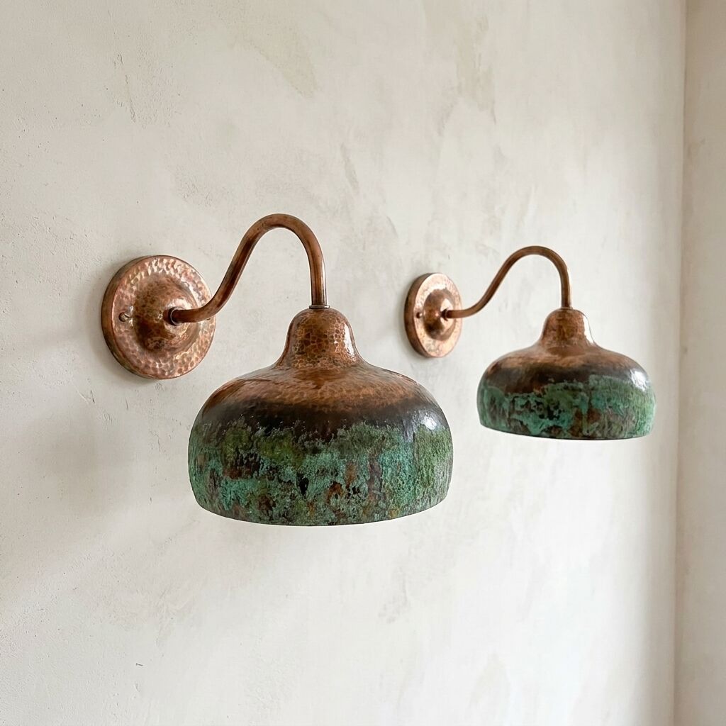 Hammered Copper Wall Sconce – Green Patina Rustic Light