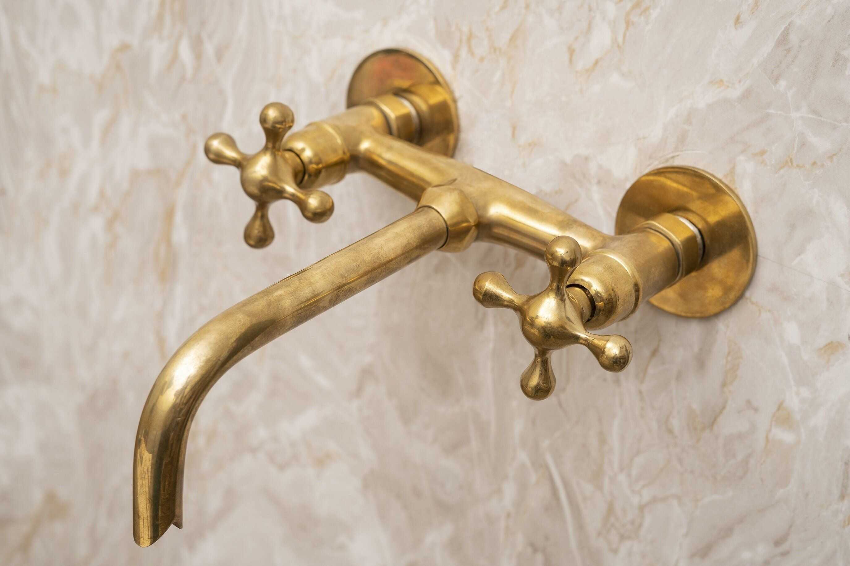 Unlacquered Brass Bathroom Sink Faucet, Solid brass Tub Filler Faucet, Wall Mounted Bathroom Faucet With Cross Handles
