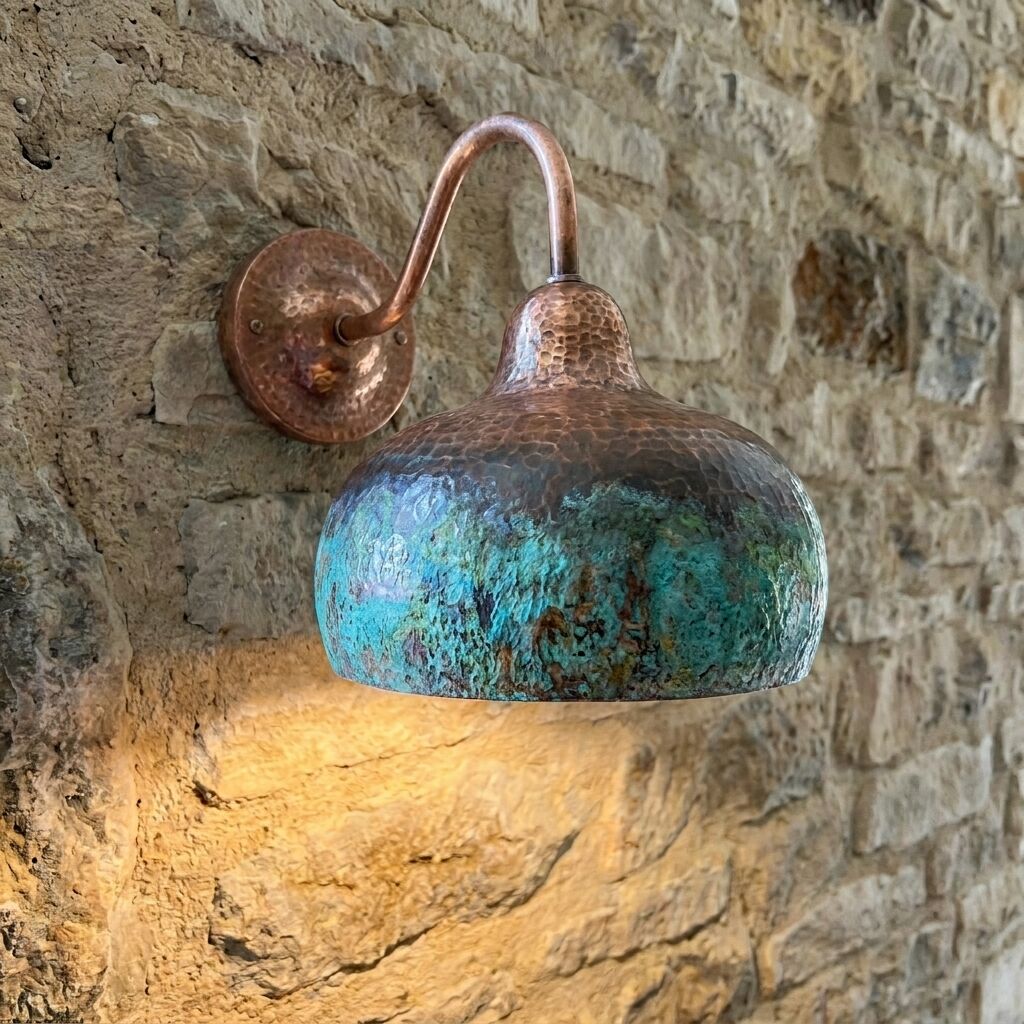 Hammered Copper Wall Sconce – Green Patina Rustic Light