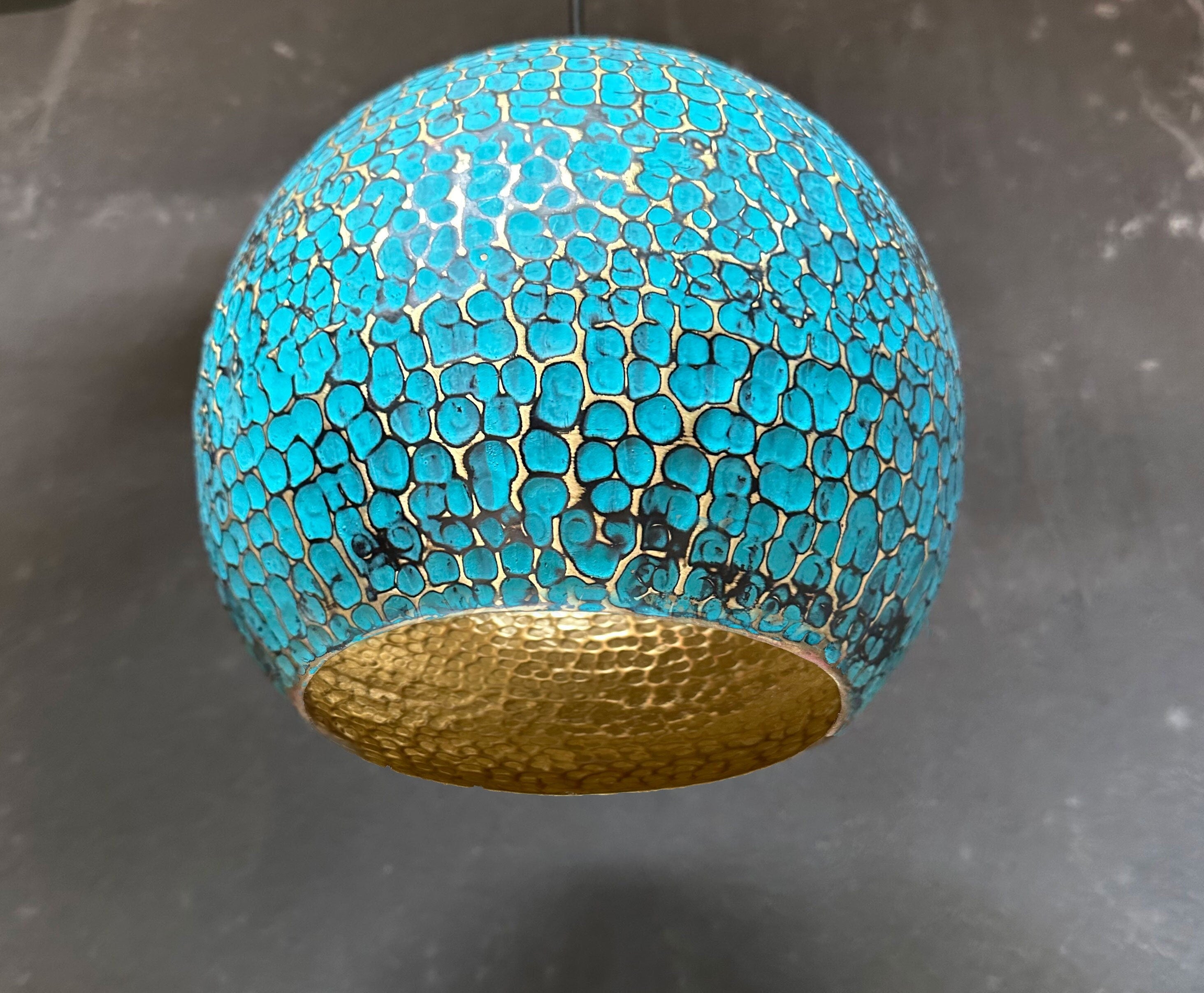 Blue Patina Brass Pendant Light - Handcarfted Island Kitchen Lighting