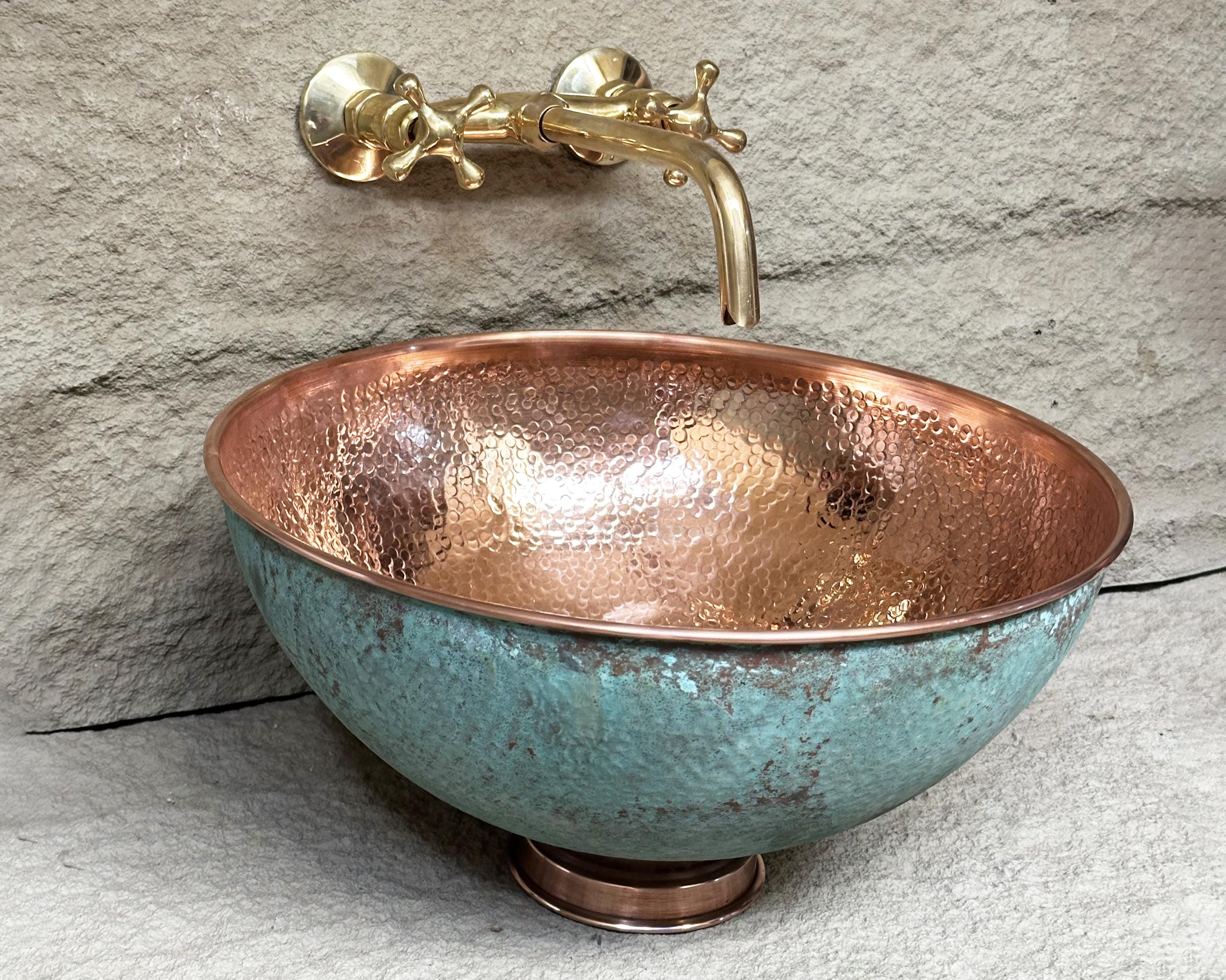 Green Patina Copper Vessel Sink, Hammered Copper Bathroom Vanity