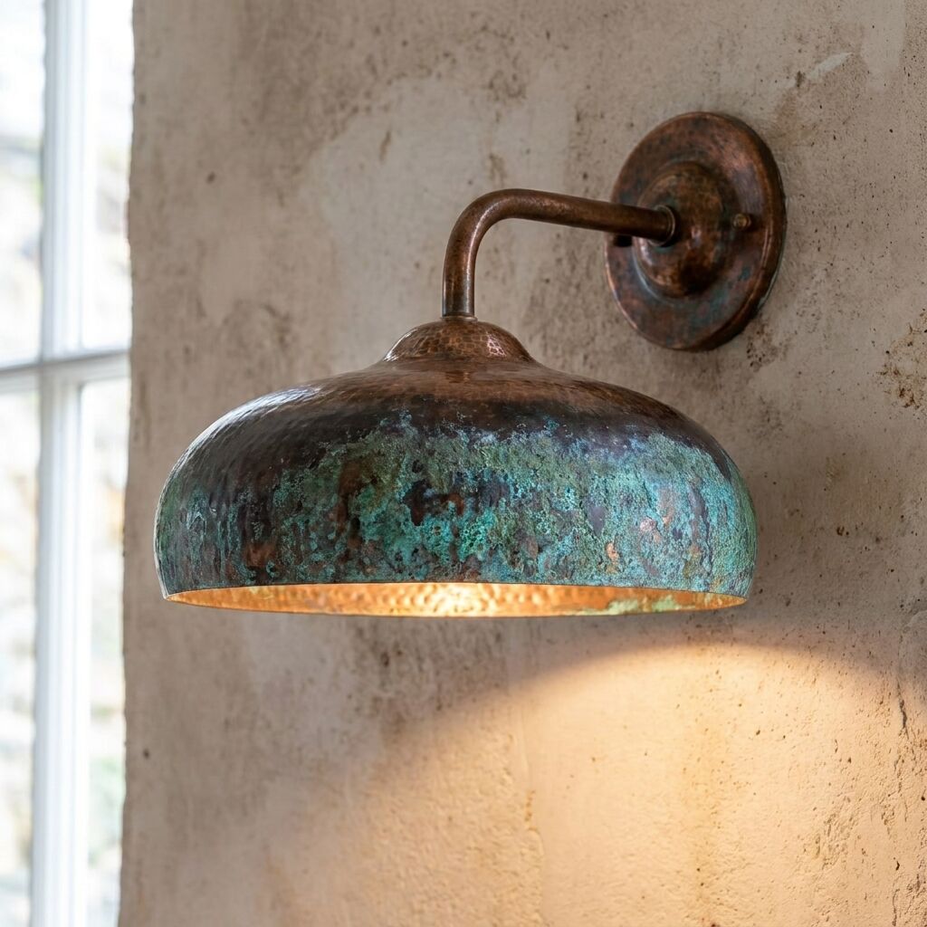 Hammered Copper Wall Lamp – Green Patina Rustic Vintage Light